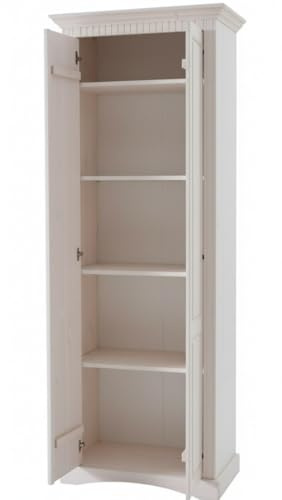 clever-moebel Dielenschrank Massivholz Kiefer, weiß | Garderobenschrank im Landhaus- & Kolonialstil, 4 Einlegeboden, Fräsungen & Metallgriffe, 71×38×187 cm