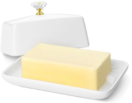 Flexzion Beurrier européen en céramique blanche avec couvercle à poignée en cristal pour comptoir (17,8 cm) – Large porte-beurre double pour comptoir, récipient à fromage à la crème