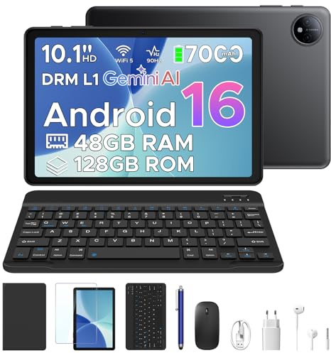 POPUX P10 Tablet Android 16 10 Pollici,48 GB RAM+128 GB ROM/2TB | Gemini AI, 90Hz, GMS / DRM L1,WiFi5,Widevine L1,7000mAh, Face ID,Tastiera,Penna, Cuffie 3.5mm, Custodia-Grigio