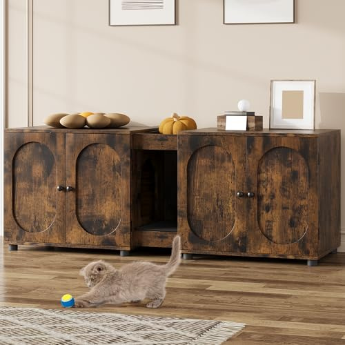 Cat Litter Box Enclosure for 2 Cats, 140cm Large Hidden Litter Box Furniture, Double Cat Litter Tray Cabinet with Storage, Hidden Boho Rattan Cat House & Enclosure, Wooden Cat Toilet Cupboard TV Stand