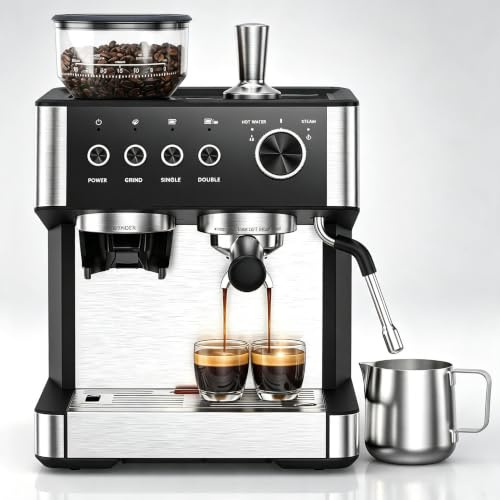 Cafetera Superautomática, Cafetera Automatica con Molinillo Incorporado-2 Cafés, Espumador de Leche Manual, Espresso y Cappuccino, Panel de Control con Botones,30 Ajustes de Molienda,Depósito de 2.3 L