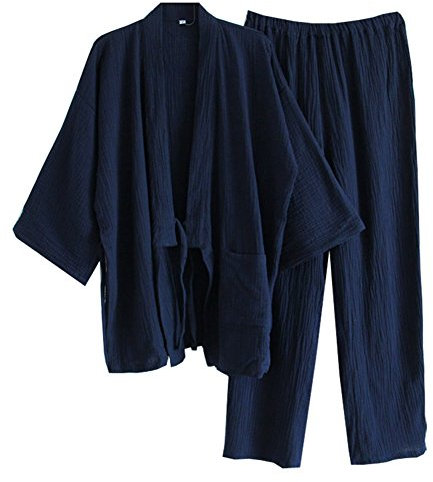 Herren Japanischen Stil Robe Krepp Baumwolle Kimono Pyjamas Morgenmantel Set-Size L Navy