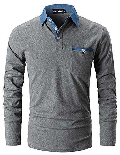 LIUPMWE Mens Casual Long Sleeve Polo Shirts with Pocket Cotton Denim Collar Golf Tops,Grey-YT01,XL