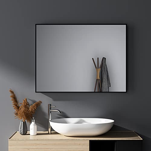 HY-RWML Wandspiegel,Spiegel groß Schwarz Rechteckiger Edelstahl Kosmetikspiegel und Splitterschutz für Badezimmer Wohnzimmer Glatte Spiegeloberfläche horizontaler und vertikaler Einbau 60x80 cm