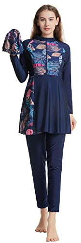 Burkini Damen Muslim Muslimische Badeanzug Frauen Langarm Zipper Blumen UV Schutzkleidung Badeshirt+Schwimmhose+Badekappe Hijab 3tlg Ganzkörper Islamisch Arabisch Jilbab Modest Bademode Dunkelblau M