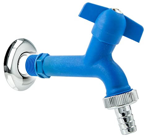 tecuro KTW-Auslaufventil 1/2 Zoll mit Schlauchtülle, Wandrosette, Dichtband, blau - 22774-SWD