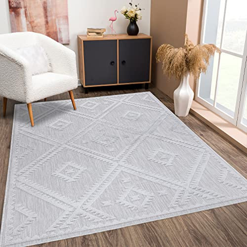 payé Teppich Wohnzimmer - Silber Grau 140x200cm - Raute Optik - Teppiche für Balkon Terrasse Garten - Hochtief 3D Effekt - Indoor Outdoor Schlafzimmer Esszimmer