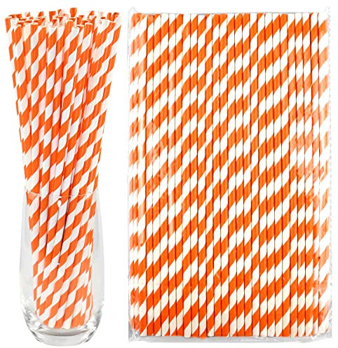 Pailles en papier extra-longues de 26,0 cm, 100 pailles, 0,6 cm de diamètre, orange/rayures blanches - Pailles hautes biodégradables