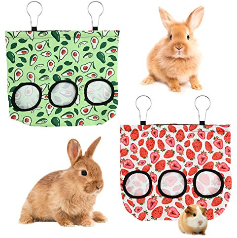 2 Pcs Bolsas de Heno para Conejos, Bolsa de Heno de Conejo Heno Comedero Heno Conejillo de Indias Estantes de almacenamiento con 2 agujeros Bolsas de Comida para Chinchilla Cerdo Holandés Topo (Large)