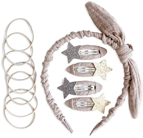 Papierdrachen Besonderes Haar Accessoires Set mit Haarreif, Glitzer-Haarspangen, Haargummis kombiniert mit hochwertigem Musselin Stoff - Taupe - für Mädchen und Damen