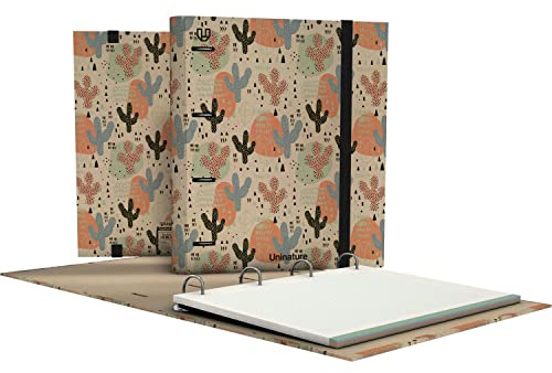 Unipapel - Ökologischer Ordner mit 4 Ringen, A4, enthält 100 recycelte Blätter, 90 g, kariert, 5 x 5, Farbbänder, Uninature Design Cactus, FSC Recycled 100%, Ordner