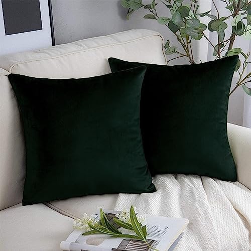 YORKSHIRE BEDDING Christmas Cushion Covers 45 x 45 (Pack of 2) - Velvet Square Throw Pillow Cases - Decorative Soft Cushion Cover for Sofa Couch with Invisible Zipper (Dark Green, 18 x 18 Inch)