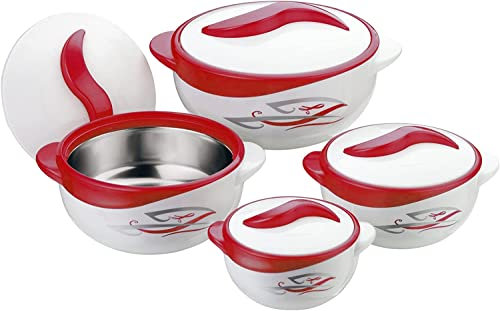 Zahran 4pc Round Heat Insulated Food Storage Hot Pot Food Warmer/Cooler with Lid–Thermal Soup/Salad Serving Bowl- Stainless Steel Hot Food Container Best Gift Set Holidays Pinnacle Parisa (Print Red)