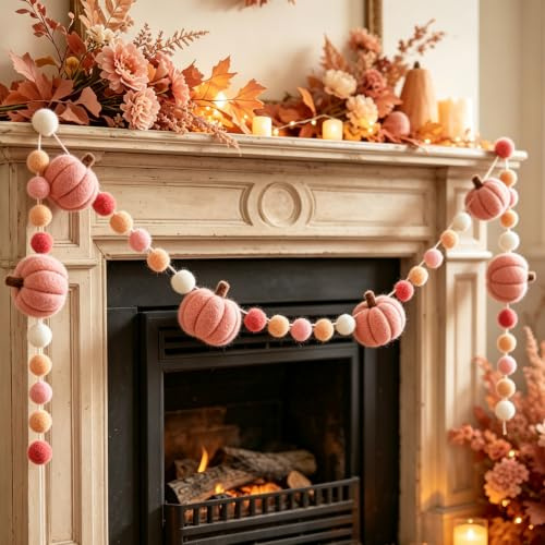 Whaline 2.6 m Herbst-Filz-Pom-Banner, rosa 3D-Kürbisform, Filz-Girlande, bunte Pom-Ball, vormontierte Wimpelkette, Banner für Herbst, Erntedankfest, Zuhause, Kamin, Fensterdekoration, Partyzubehör