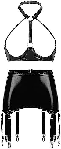 TSSOE Damen Wetlook Sexy Lack Leder BH Tank Crop Tops + Glänzend Minirock Rock Zweiteiler Top und Rock Reizwäsche Set Gogo Outfits Clubwear Schwarz Typ B S