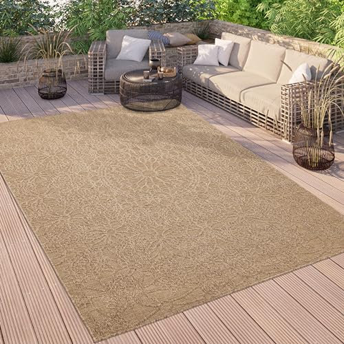 Paco Home Outdoor Teppich Wetterfest Balkon Küche Wohnzimmer Orientalisches Muster Vintage Optik Einfarbig 3D Modern, Grösse:80x150 cm, Farbe:Beige 3