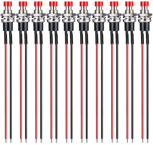 Gebildet 10pcs 7mm Pre Cableado Mini Momentáneo Pulsador 3V-6V-12V-24V-230V/1A,SPST Normal Abierto ON/Off 2Pin Botón de Redondo para Modelo de Hobby Ferroviario(rojo)