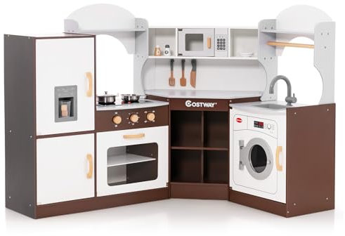 COSTWAY Eck Spielküche, Kinderküche mit Licht & Sound, Kinderspielküche mit Spüle, Eismaschine, Backofen, Kochgeschirr, Holzküche Spielzeugküche für Kinder ab 3 Jahren (Braun)