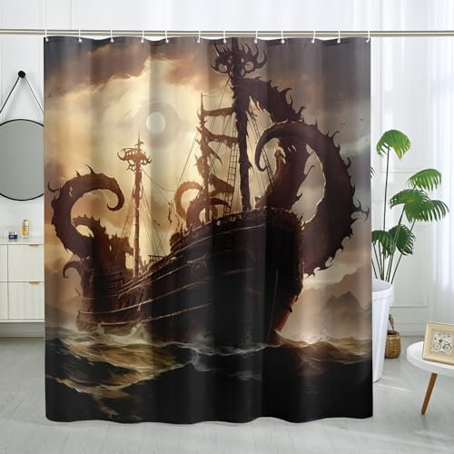 DESIHOM Duschvorhang-Set im Wikinger-Stil, nautisches Thema, Kraken-Duschvorhang, Piratenschiff, Badezimmer-Dekor, Polyestergewebe, 183 x 198 cm