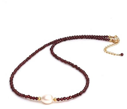 Gempires Red Garnet Beaded Necklace with Pearl Choker Crystal Jewelry Lightweight January Birthstone Gifts Hypoallergenic 18 Inch Gold Plated Necklaces For Women