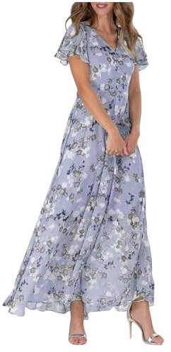 Women's Chiffon Floral Maxi Dress - Summer Elegant Boho Long Flowy Dresses Ruffle Sleeves V Neck Vacation Beach Outfit Wedding Guest Engagement Cocktail Party (L,Purple)