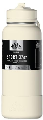 Hydrapeak 32oz Sport Insulated Water Bottle with Straw or Chug Lid, Leak & Spill Proof, Keeps Drinks Cold for 24 Hours, Hot for 12 Hours, Premium Stainless Steel Water Bottles (32oz, Ivory)