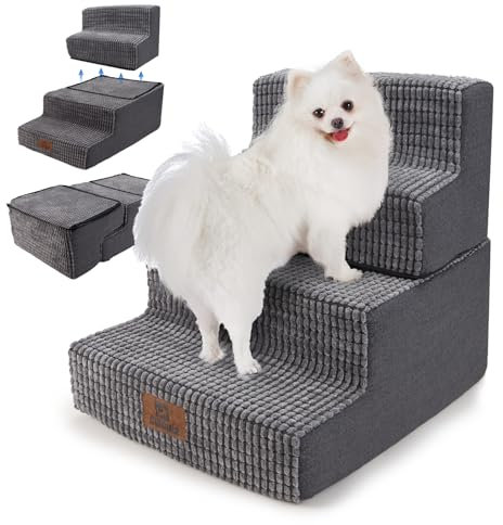 Sytopia Haustiertreppe 4 Stufen, Hochelastischer Schwamm, waschbar Bezug, Hundetreppe für Kleine Hunde und Katzen, Katzentreppe Hunderampe für Bett, Sofa, Couch, Grau