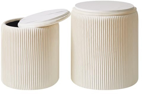 IBUYKE Set von 2-runden Ottoman mit Lagerung, Samt Eitelkeitshocker für Make-up, moderner gepolsterter Sitz Couchtisch, Multifunktionsfußlehne Hocker für Wohnzimmer und Schlafzimmer, weiß WBD005W
