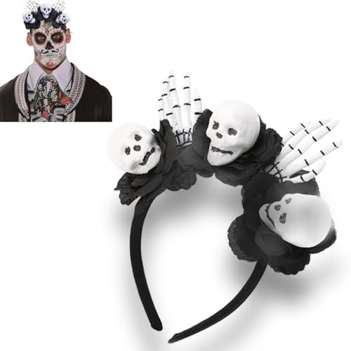 Scinzene Halloween Haarreif Damen, Dia Los de Muertos Haarschmuck, Halloween Haarschmuck Damen Tiara mit Totenkopf und prächtigen Blüten