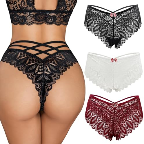ROSVAJFY Slip en dentelle sexy pour femme - String creux - Sous-vêtements - Taille basse - Culotte en dentelle confortable, Noir + blanc + bordeaux, L