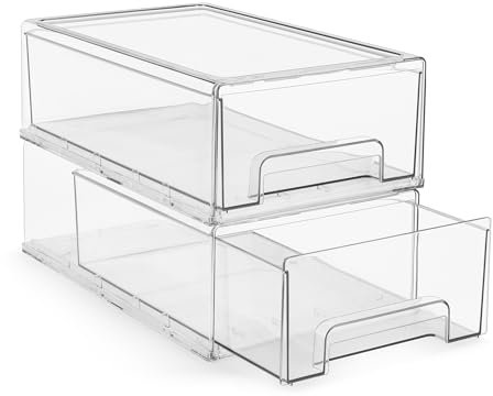 Sorbus Medium Clear Stackable Storage Drawers – 2-Pack Plastic Organizer Bins with Handles – Stackable Pull-Out Storage Drawers for Closet, Pantry, Office, Bathroom, Craft, and Toy Organization
