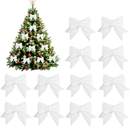 Leikedun 12 Weihnachtsschleifen, 12 x 15 cm, große Größe, Schmetterlingsband, glitzernde Weihnachtsbögen, Weihnachtsbaumschleife, Weihnachtsbaumdekoration, (Weiß)