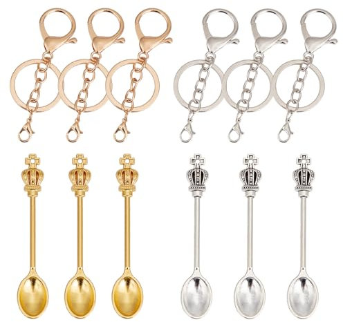 NICENEEDED 6 Pcs Mini Shovel Spoons, Crown Teaspoon Pendant Key Ring, Mini Pendant Spoon Small Powder Spoons Tiny Spoon Keychain Tableware Charm Pendant Loop for DIY Craft Jewelry Making Keychain