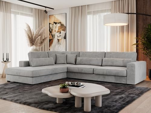 MKS MEBLE Ecksofa Sofa L-Form Hellgrau Velvet, Wohnlandschaft L-Form, Couch L Form, Sofagarnitur Couchgarnitur Polsterecke, Breite: 316 cm - Savona L - Hellgrau Velvet - Links