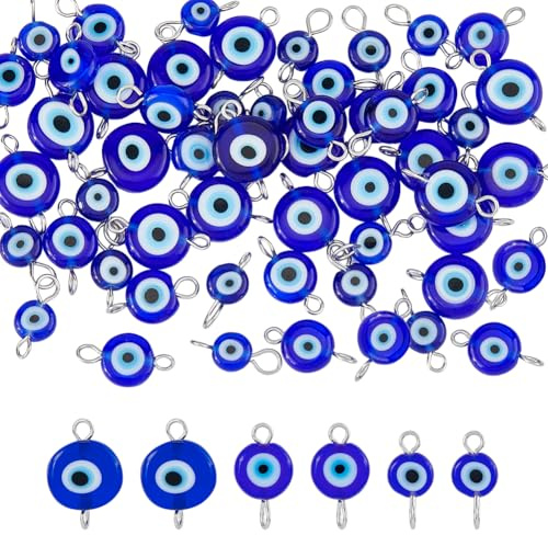SUPERFINDINGS 60Pcs 3 Sizes Evil Eyes Connector Charms 6/8/10MM Evil Eye Pendants With 2 Holes Turkish Blue Eye Charm Flat Evil Eye Beads Pendant for DIY Crafts Making