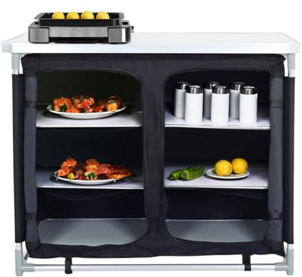 DKIEI Camping Cupboard, Portable Aluminum Camping Kitchen Unit with 6 Shelves, 3 Side Pockets, Worktop, Zipped Door, Outdoor Kitchen Cook Station Camping Table, Includes Carry Bag, Black