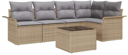 vidaXL 6-teiliges Garten-Sofa-Set mit Kissen in Beige und Grau – wetterfeste Poly-Rattan Sitzgruppe für den Außenbereich, modulare Möbel für Terrasse und Lounge