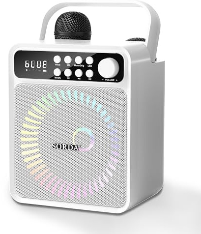 SORDA Portable Bluetooth Karaoke Machine for Adult Kid with Storage & Charging Station, 2 Rechargeable Wireless Microphones, 12H Play, Support EQ/USB/AUX, Voice Change, for Outdoor Indoor Party(White)