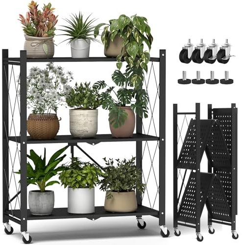 ALANNG Blumenständer mit Rädern, 3 Ablagen Stabiler Pflanzenständer | Metall Pflanzenregal Indoor Einfach/Klappbar, Schwarz