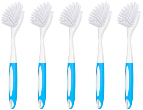 Washing Up Brush for Kitchen, Dish Brushes for Sink, Pots & Pans, 5 Pack | Dishwashing Brushes with Long Handle and Scraper, Soft Bristle Vegetable Brush Scrubber for Food Potato, Blue