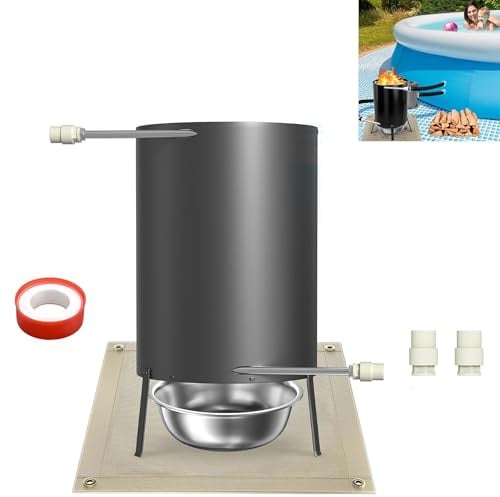 YZNAHRE Brennholz Poolheizung Edelstahl Poolheizung Feuertonne Pool Heizung mit Feuer Pool beheizt Feuer Eimer Ø32/38mm Anschlüsse, Schwarz