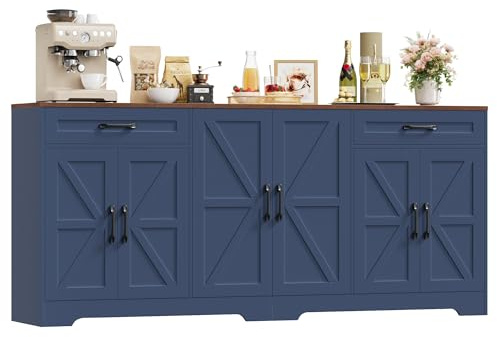 HOCSOK 180cm Large Sideboard, Kitchen Cabinet with 6 Barn Doors & 2 Drawers | Adjustable Shelves, Sideboard Storage Cabinet for Living Room, Dining Room, Wooden Buffet Cabinet, Blue, 87H x 180W x 34D cm