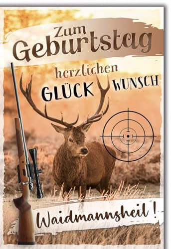 Geburtstagskarte für Männer Maskulin - Männer Jäger - Hirsch im Visier mit Gewehr und Waidmannsheil-Spruch - Klappkarte mit Umschlag Glückwunschkarte Geburtstag