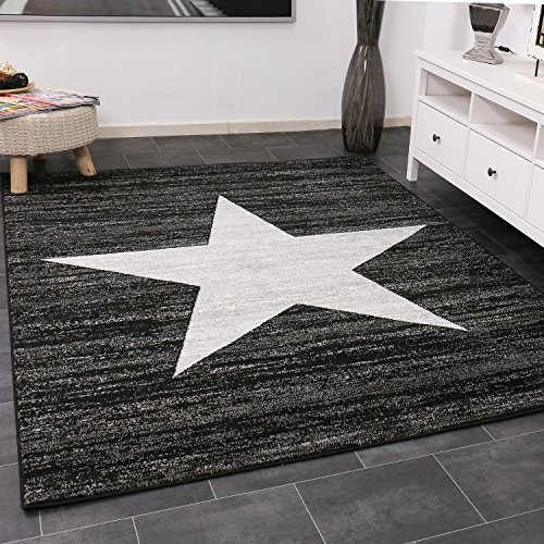 VIMODA Teppich Kurzflor Sternmuster Modern in Schwarz für Jugendzimmer, kinderzimmer, Wohnzimmer, Maße:240 x 340 cm