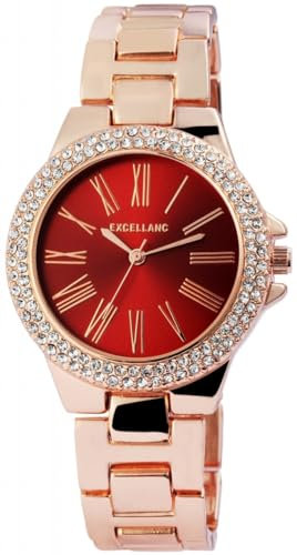 Excellanc Damen-Uhr Gliederband Metall Strass Faltschließe Analog Quarz 1800140 (roségoldfarbig/rot)
