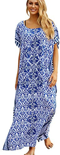 LikeJump Women's Cotton Print Kaftan Swimsuit Kimono Cover Up Loose Beach Robe Maxi Dress