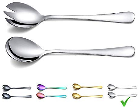 Berglander Juego de servidores de ensalada de acero inoxidable, servidores de ensalada, cuchara de ensalada, tenedor de ensalada, paquete de 2 (plata brillante)