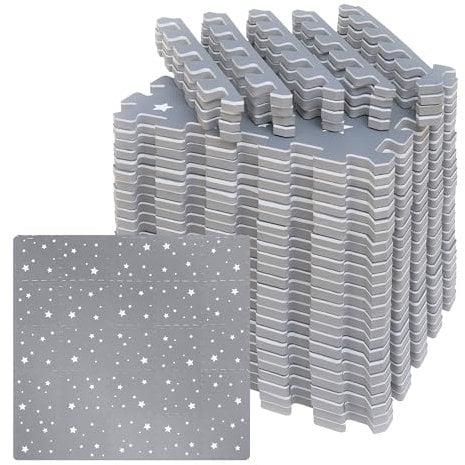 Edukit Schaumstoff-Spielmatte Nachtsterne mit Bordüre, 25 Stück, 31,5 cm x 31,5 cm, 1,2 cm extra dick, Dunkelgrau ineinandergreifende Bodenfliesen