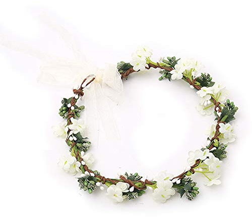 Damen Blumenstirnband, Kranz Blumen-Haarband, Bridal Flowers Girls Hair Accessories mit Verstellbarem Band, für Flitterwochen-Reisefotografie, Hochzeitszeremonieabend (Grün und Weiß)