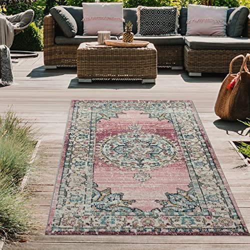 Teppich-Traum orientalischer Vintage LÄUFER für In- & Outdoor buntes Blumenmotiv rosa Größe 80x150 cm